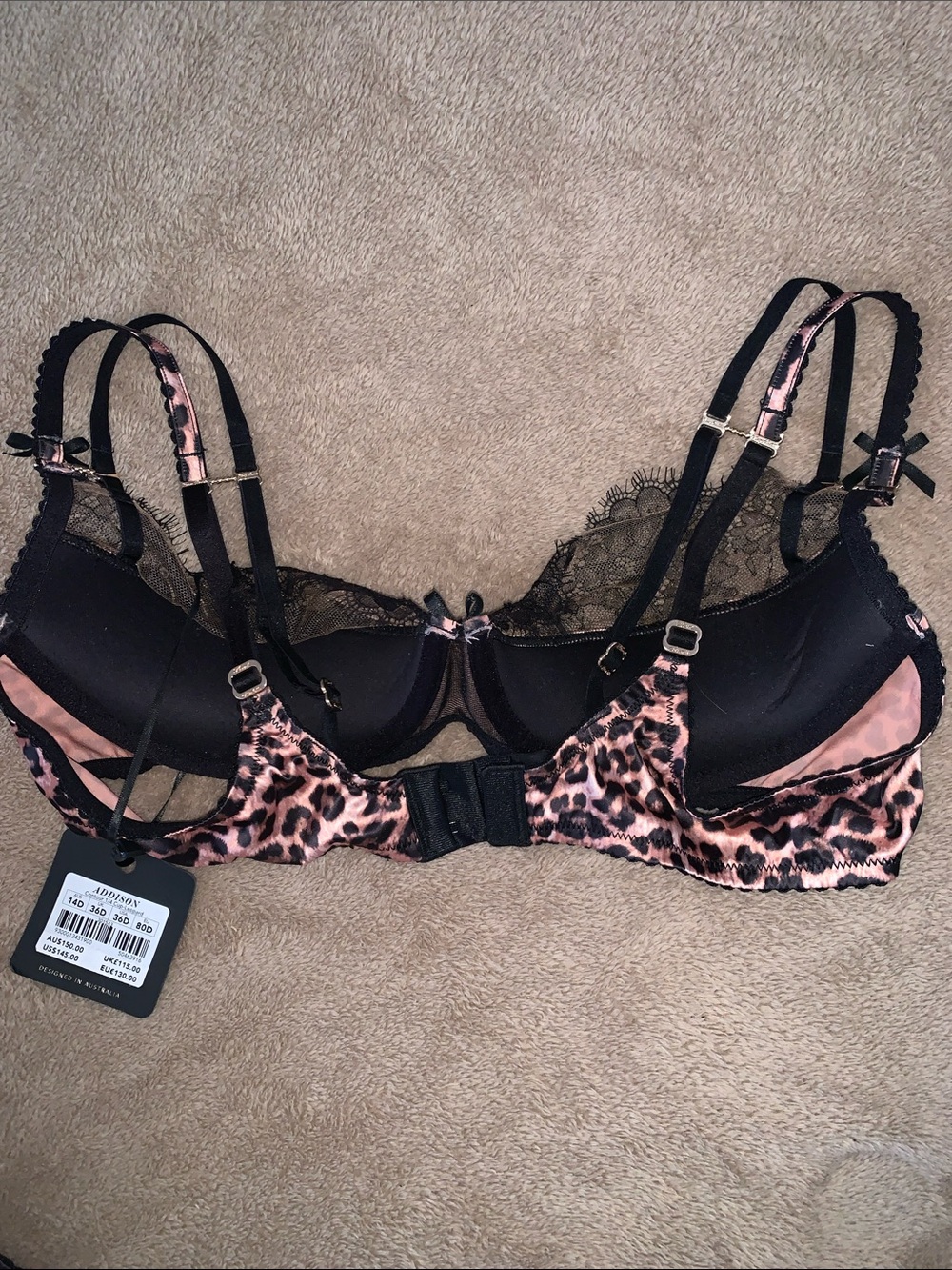 Honey Birdette “Addison” Leopard Black Lace Trim Three-Piece Lingerie Set - Picture 3 of 9